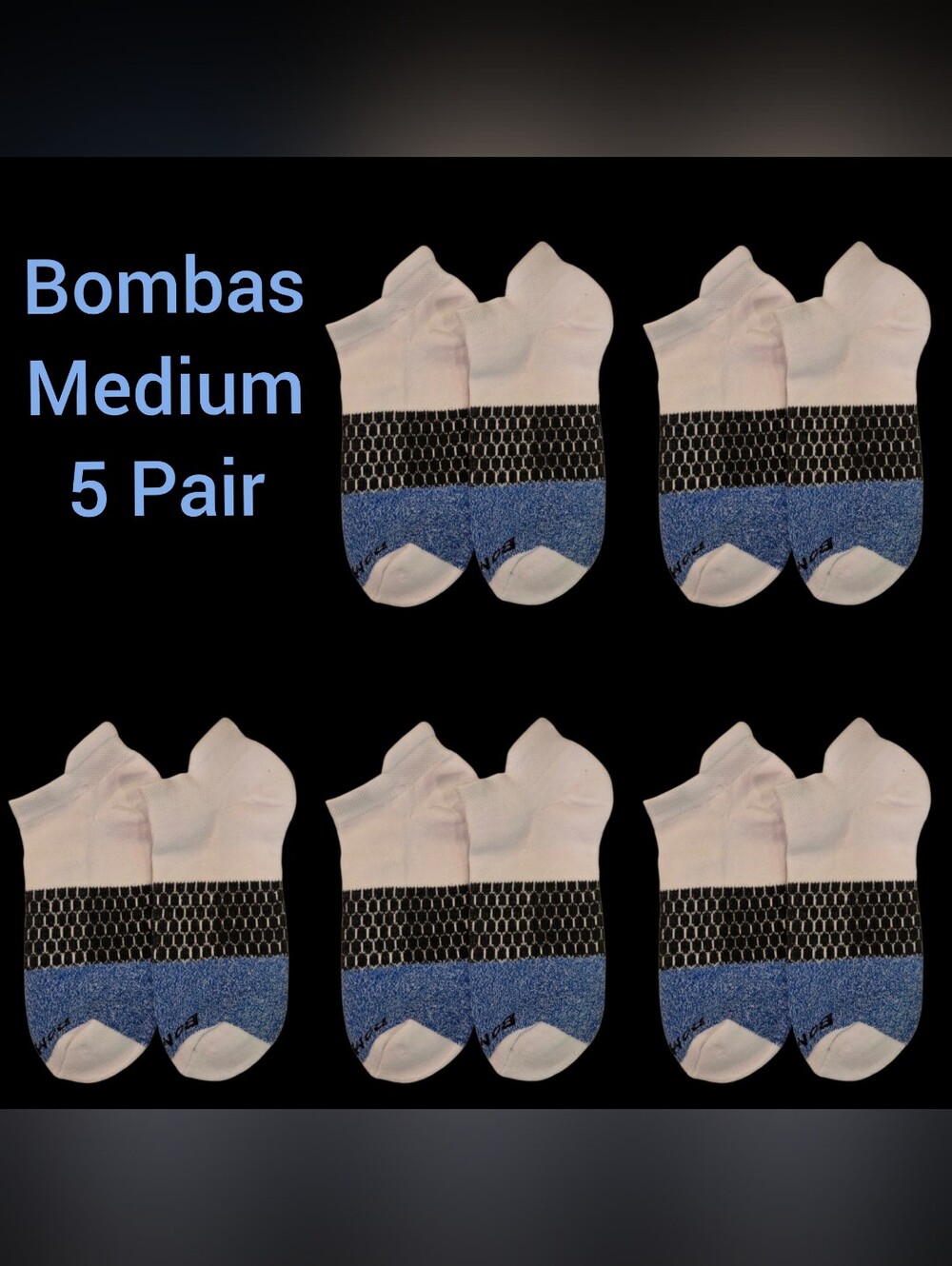 Bombas Medium Ankle Socks Blue & White 5 Pair BNWT Unisex Honeycomb Arch Support